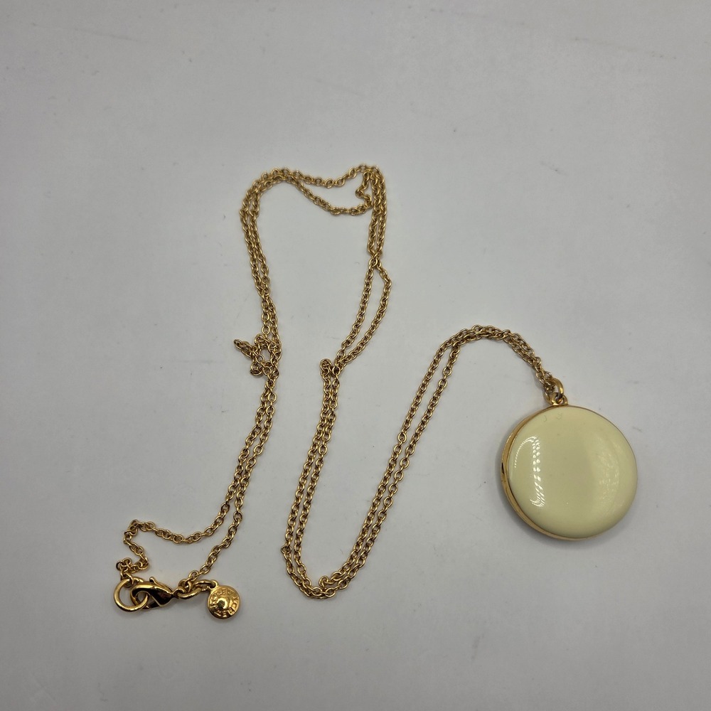 J.Crew Cream Enamel Round Locket Pendant Necklace Gold Tone Long Chain 32